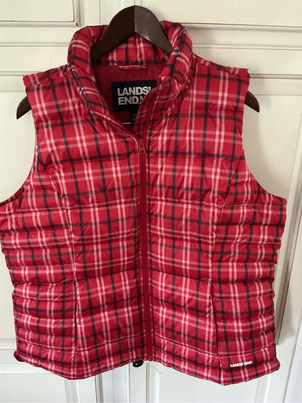 Lands End Down Feather Plaid Puffer Vest Sz L. Red